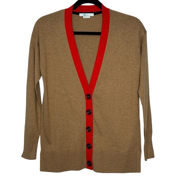 Boden Dark Tan Long Sleeve Button Up Cardigan w/Sparkly Red Details Sz XS - Picture 1 of 13